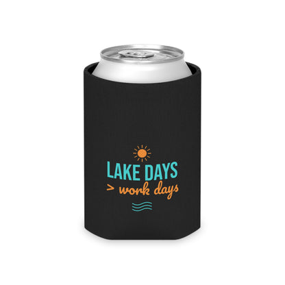 Black can cooler koozie with open top, featuring Lake Days > work days lettering