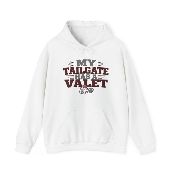 White hoodie with front text graphic: My Tailgate Has a Valet, drawstring hood