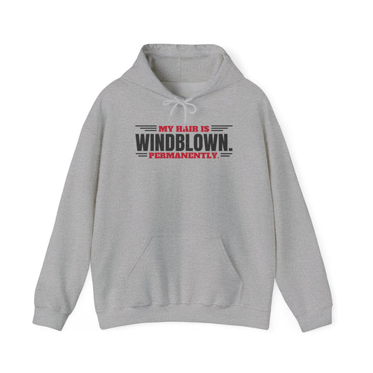 Sport grey hoodie with front pouch, drawstring hood, and Windblown graphic on chest.