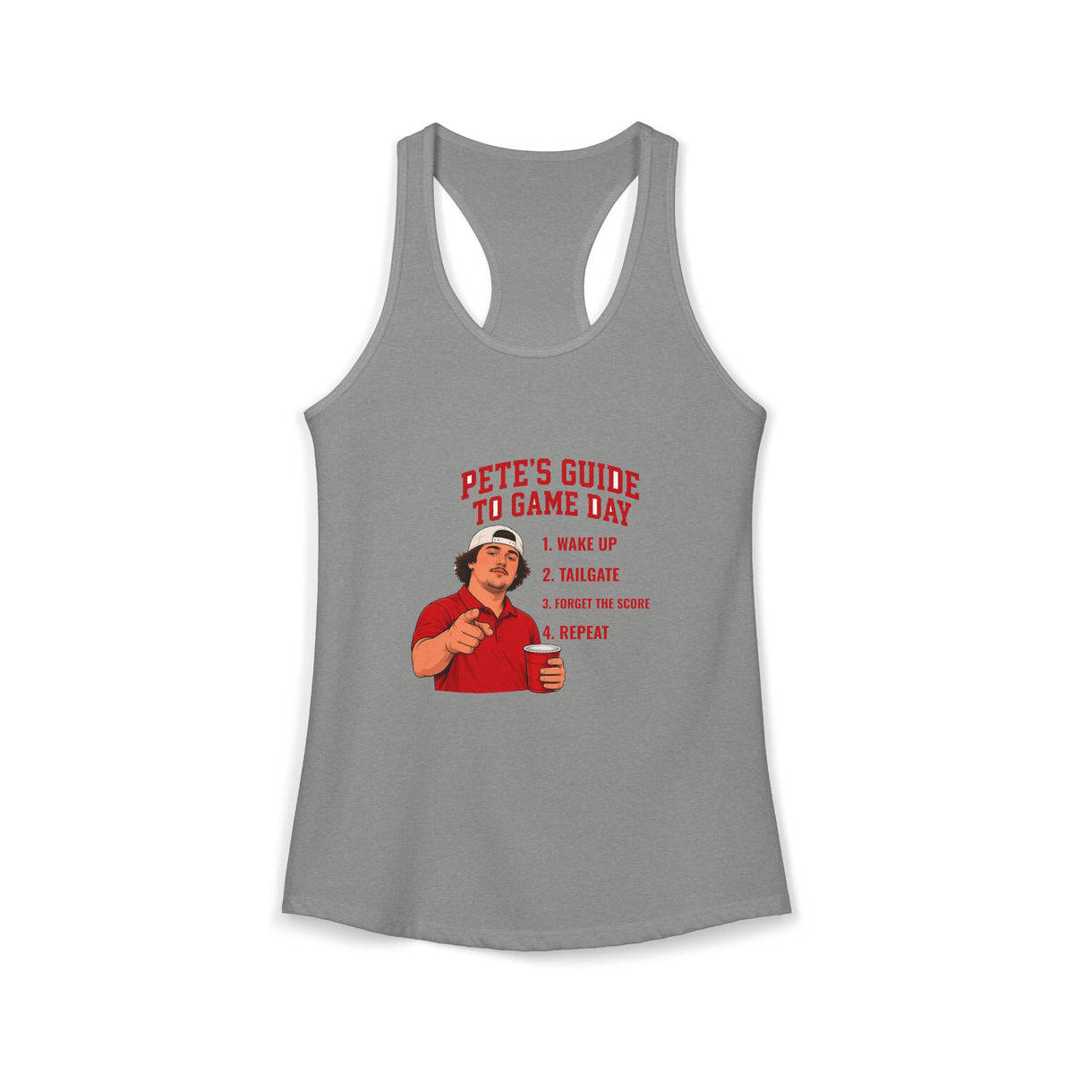Heather grey racerback tank top with chest graphic and sleeveless cutout sides
