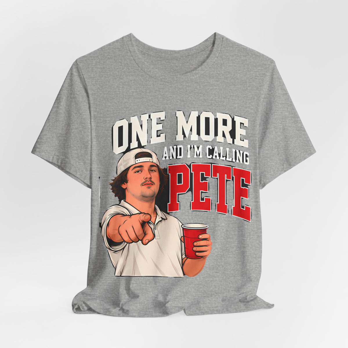 Heather gray crewneck T-shirt with 'ONE MORE' 'PETE' graphic and red cup character.