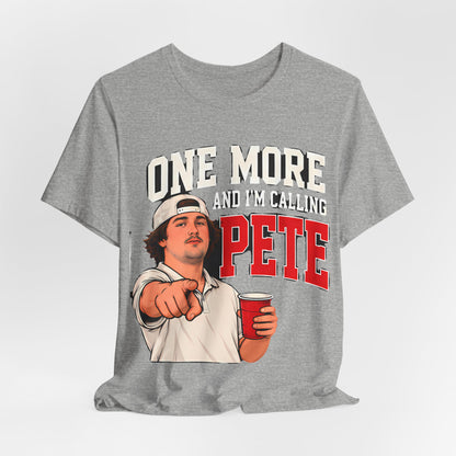 Heather gray crewneck T-shirt with 'ONE MORE' 'PETE' graphic and red cup character.