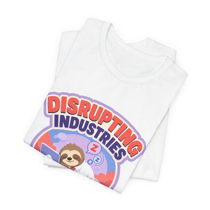 White T-shirt set showing partial “DISRUPTING INDUSTRIES” graphic on front