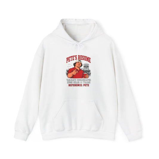 Pete's Resume hoodie in white, front logo graphic and kangaroo pocket