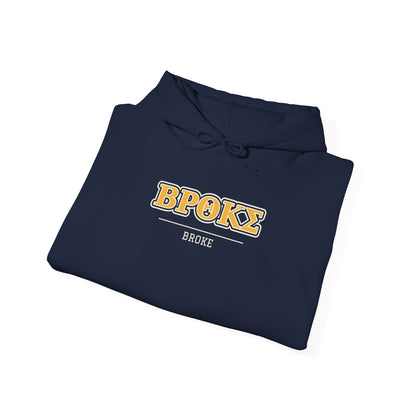 Navy hoodie with “Broke” logo graphic and drawstring hood