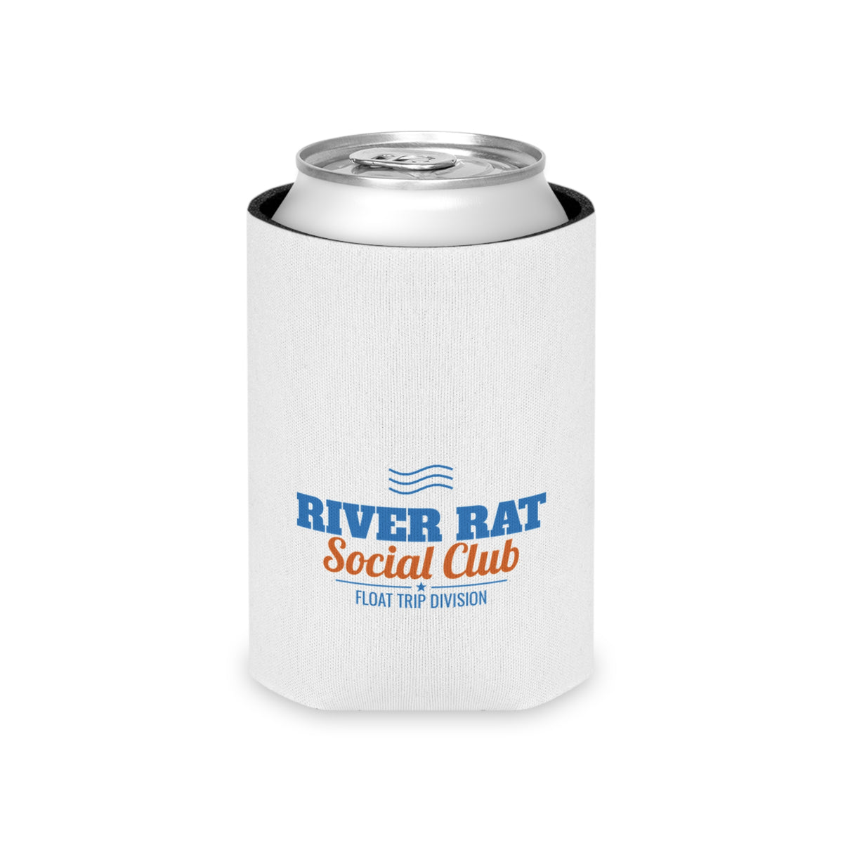 White can koozie with River Rat Social Club logo; holds a can with silver top