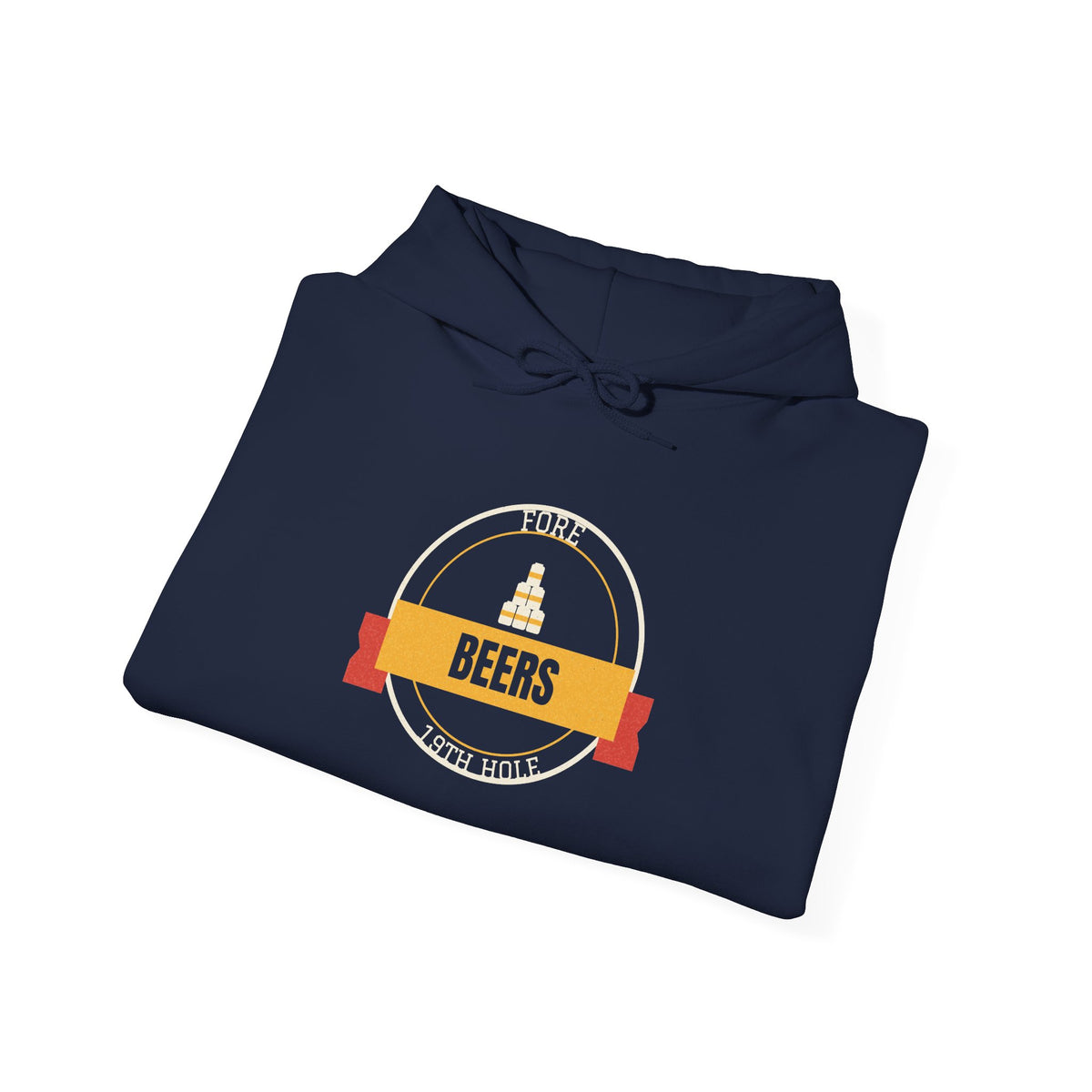 Navy hoodie folded flat with Fore Beers graphic on chest