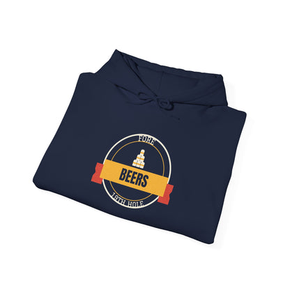 Navy hoodie folded flat with Fore Beers graphic on chest