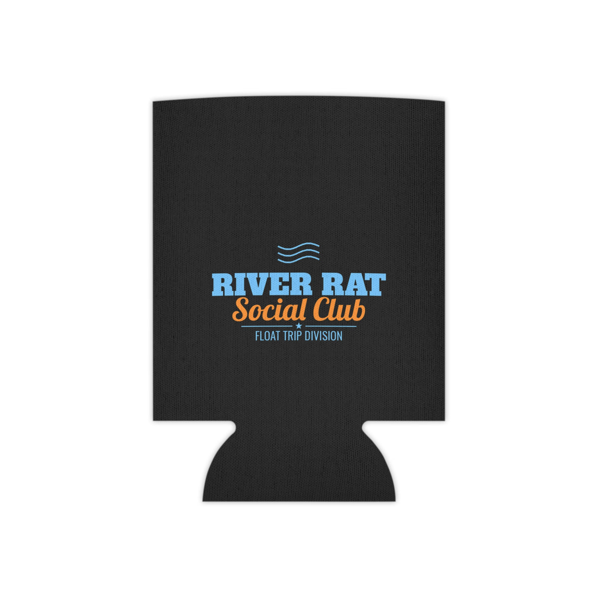Black koozie featuring River Rat Social Club blue/orange logo, open-top can holder.