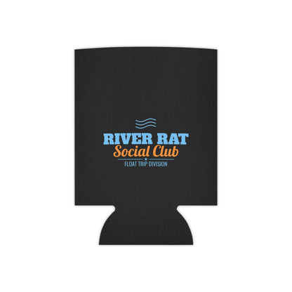 Black koozie featuring River Rat Social Club blue/orange logo, open-top can holder.