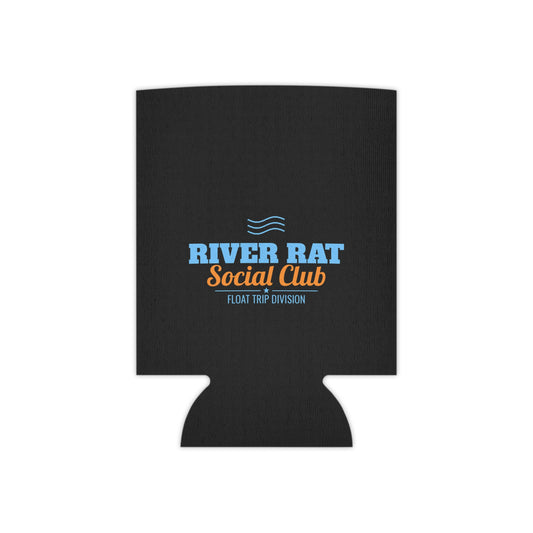 Black koozie featuring River Rat Social Club blue/orange logo, open-top can holder.