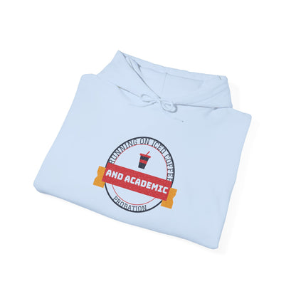 Light blue pullover hoodie with printed college emblem on front