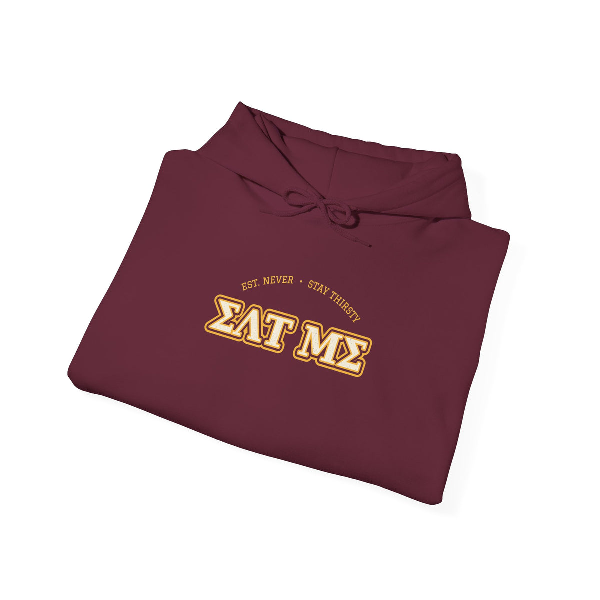 Maroon hoodie with 'EAT ME' front graphic and drawstring hood