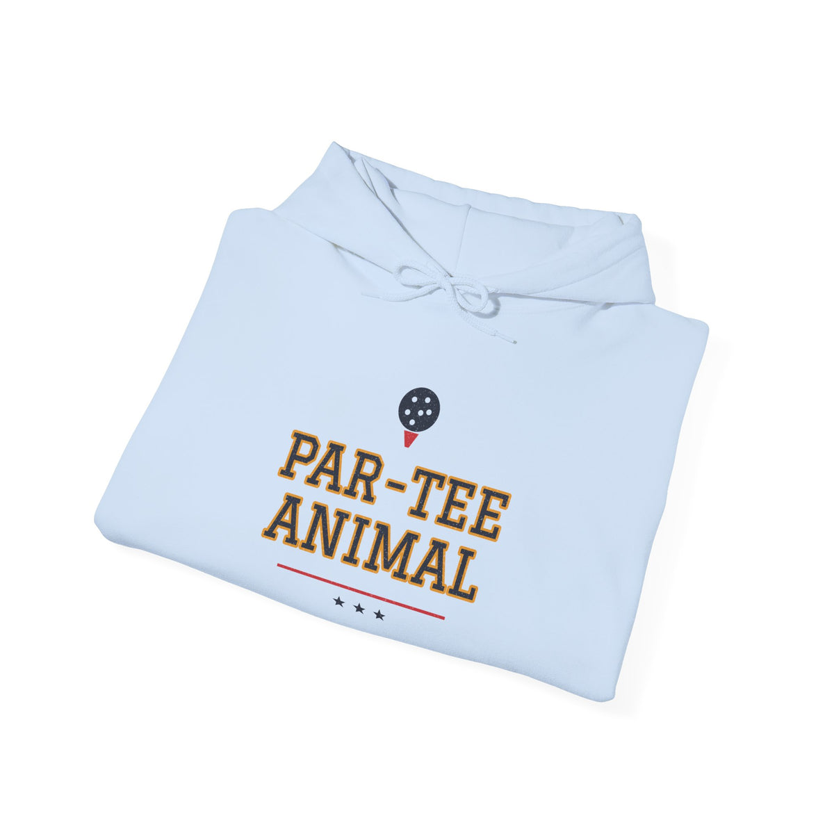 Light blue hoodie with "PAR-TEE ANIMAL" graphic and drawstring hood