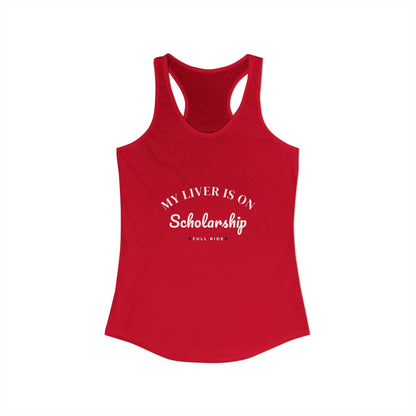 Red racerback tank top with scoop neck and cutout back; white text graphic on front