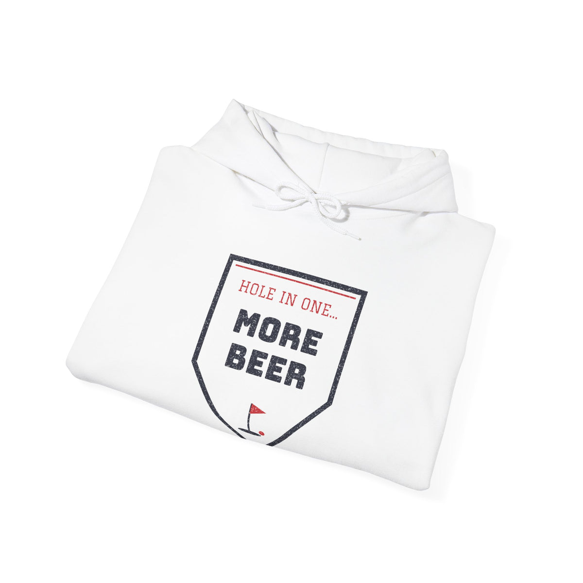 White hoodie with front pocket and “MORE BEER” graphic on shield