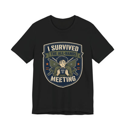 Black crewneck T-shirt with colorful “I Survived” meeting shield graphic