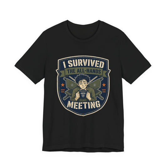 Black crewneck T-shirt with colorful “I Survived” meeting shield graphic
