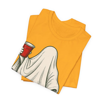 Gold crewneck T-shirt with folded-back graphic view, ghost holding red cup