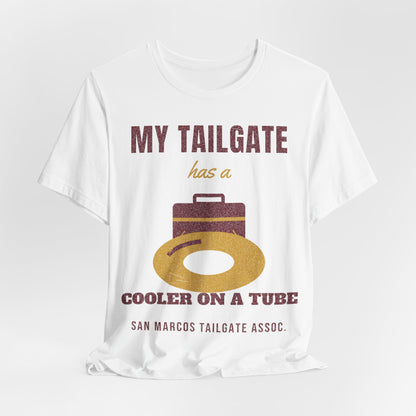 White graphic T-shirt featuring cooler-on-tube artwork with 'MY TAILGATE' text