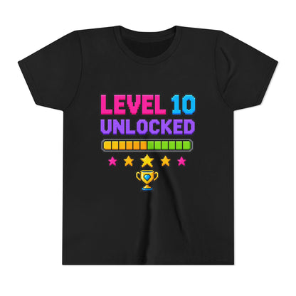 Black kids crewneck tee with “LEVEL 10 UNLOCKED” graphic, stars, and trophy