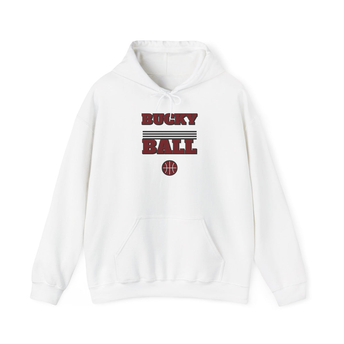 White Bucky ball hoodie with pocket, hood drawstrings, and Bucky Ball graphic