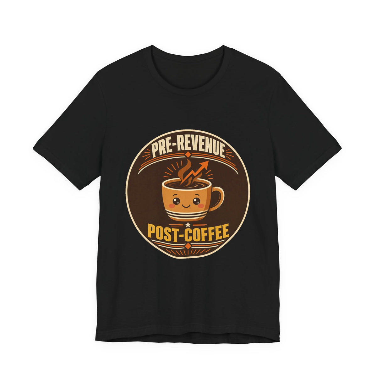 Black crew-neck T-shirt with circular coffee mug graphic