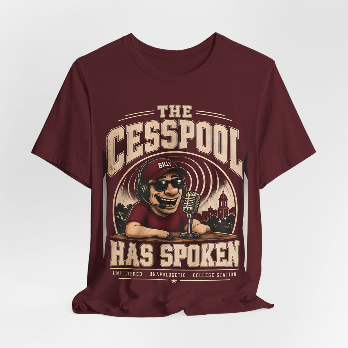 Maroon crewneck tee with vintage-style front print and multicolor text