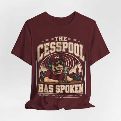 Maroon crewneck tee with vintage-style front print and multicolor text