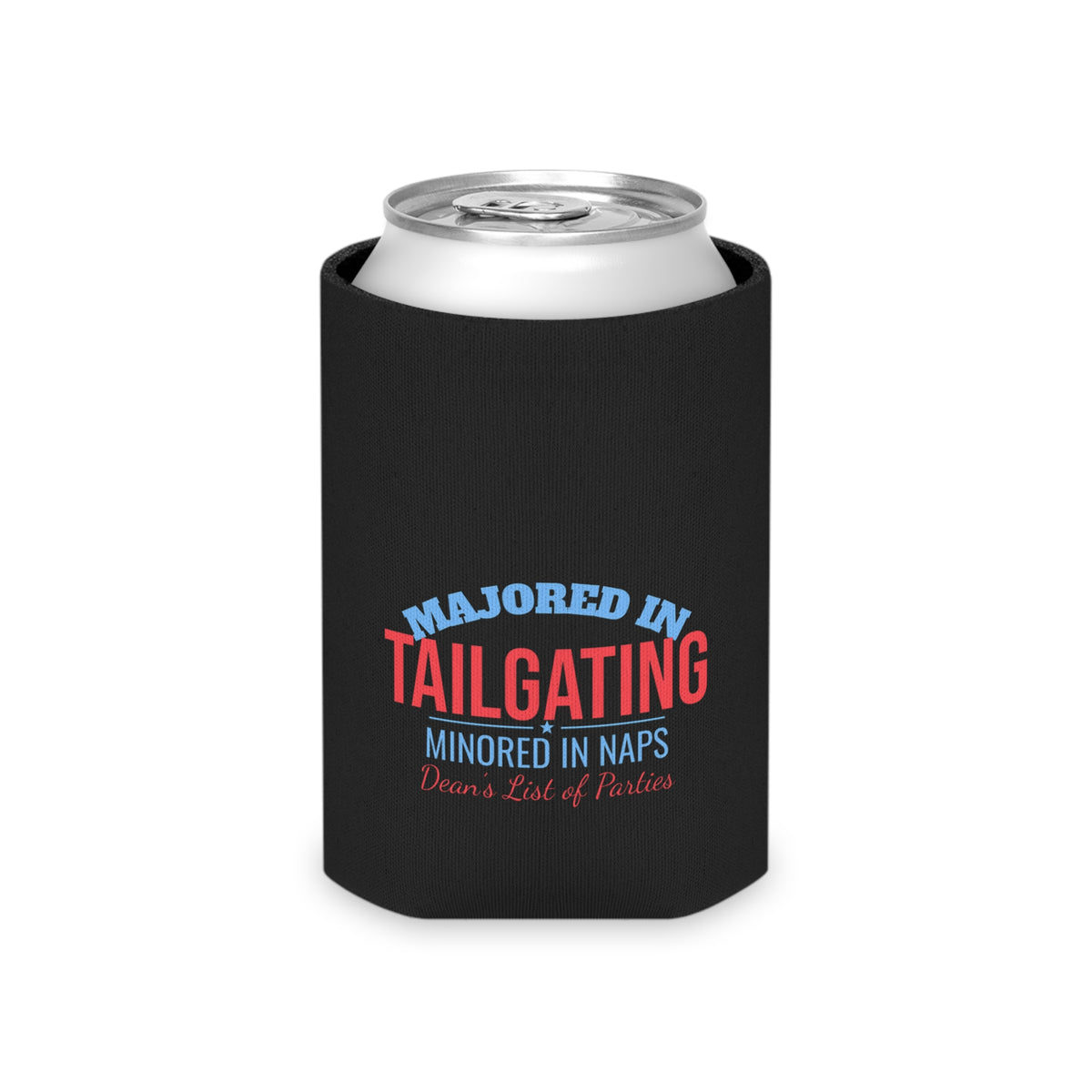 Black can cooler on a can, featuring “Majored in Tailgating” red and blue text
