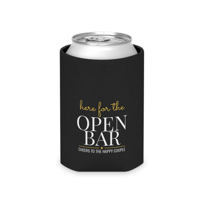 Black beverage can koozie with "Here for the OPEN BAR" and "Cheers" message.