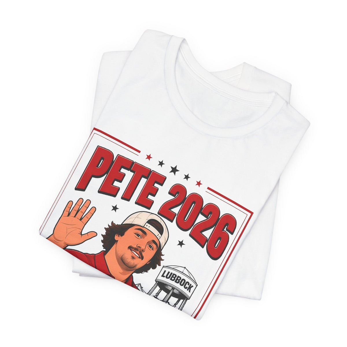 White folded crewneck tee with large “Pete 2026” front graphic print.
