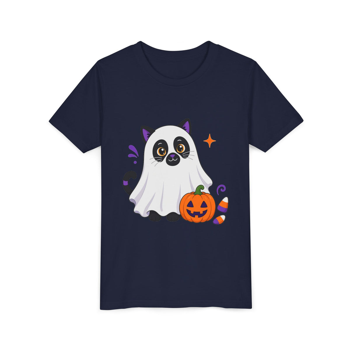 Kids Halloween tee, navy with ghost cat graphic holding an orange jack-o'-lantern