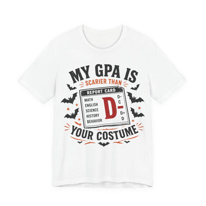 White T-shirt with GPA report card graphic, bats, and scary costume wording