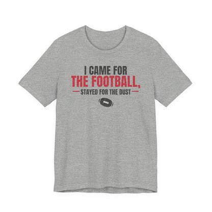 Athletic heather gray football graphic t-shirt with red and black “stayed for the dust”