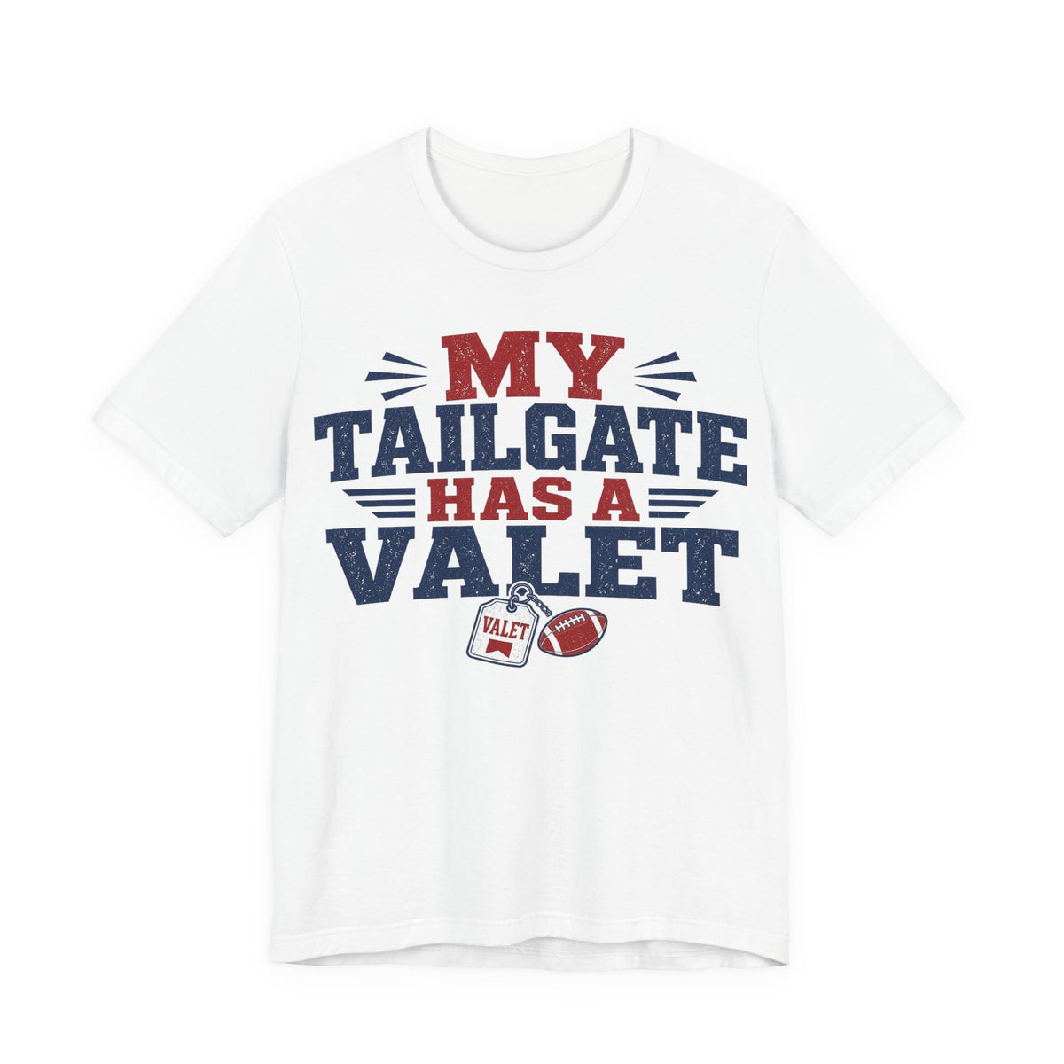 White crewneck graphic tee with 'My Tailgate Has a Valet' print.