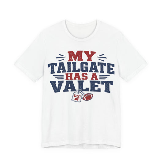 White crewneck graphic tee with 'My Tailgate Has a Valet' print.