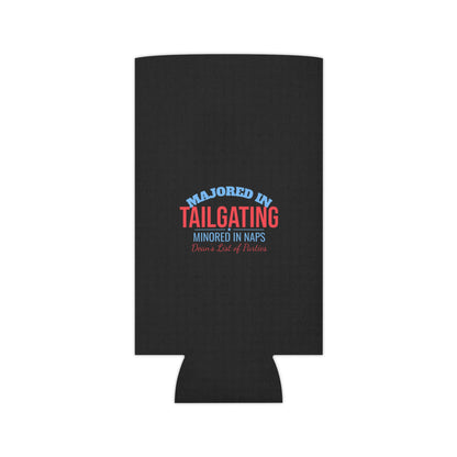 Black can cooler with “Majored in Tailgating” and “Minored in Naps” wording