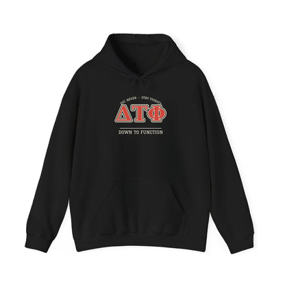 Black hoodie with Greek letters graphic and kangaroo pocket