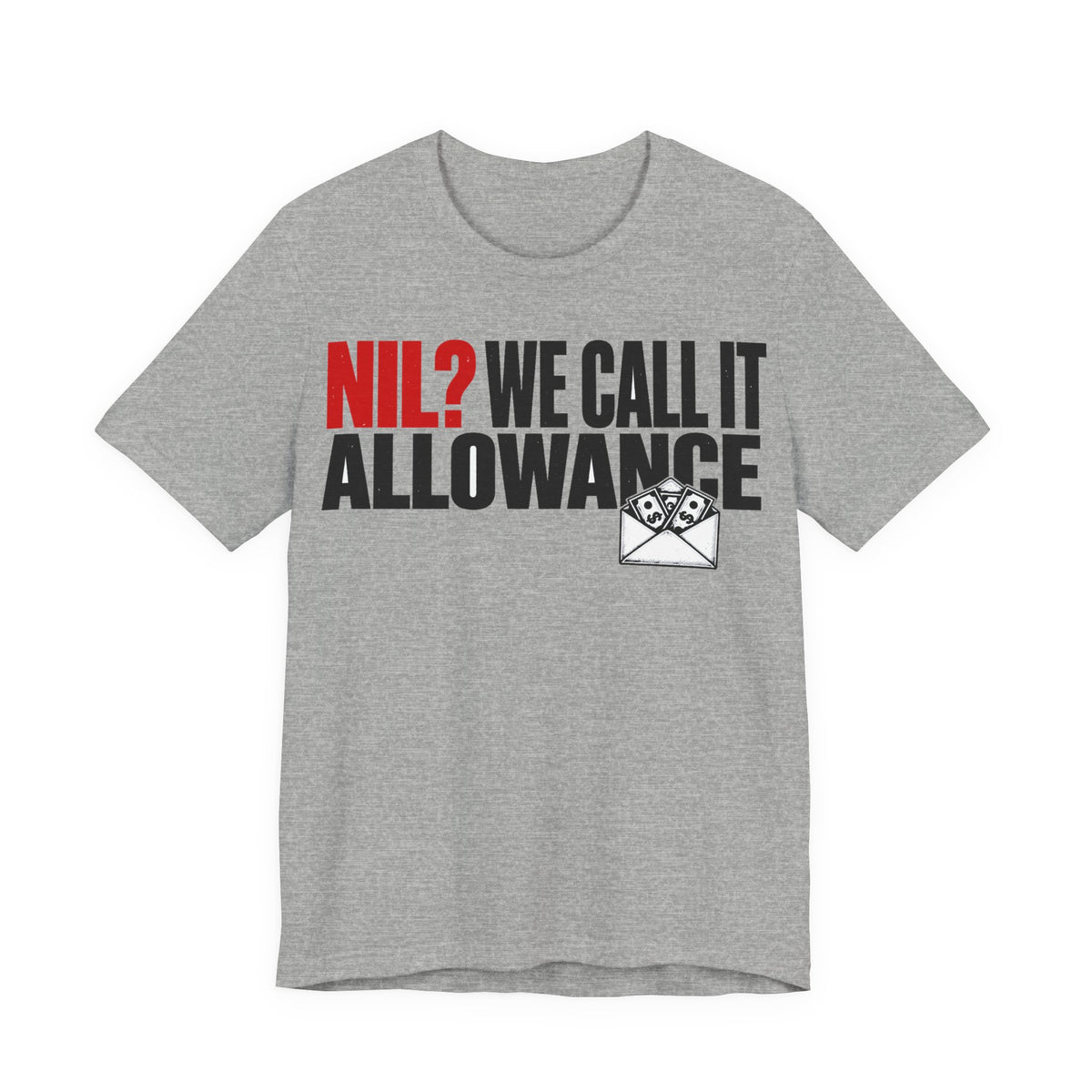 Athletic heather crewneck short-sleeve graphic tee with NIL Allowance text and envelope icon