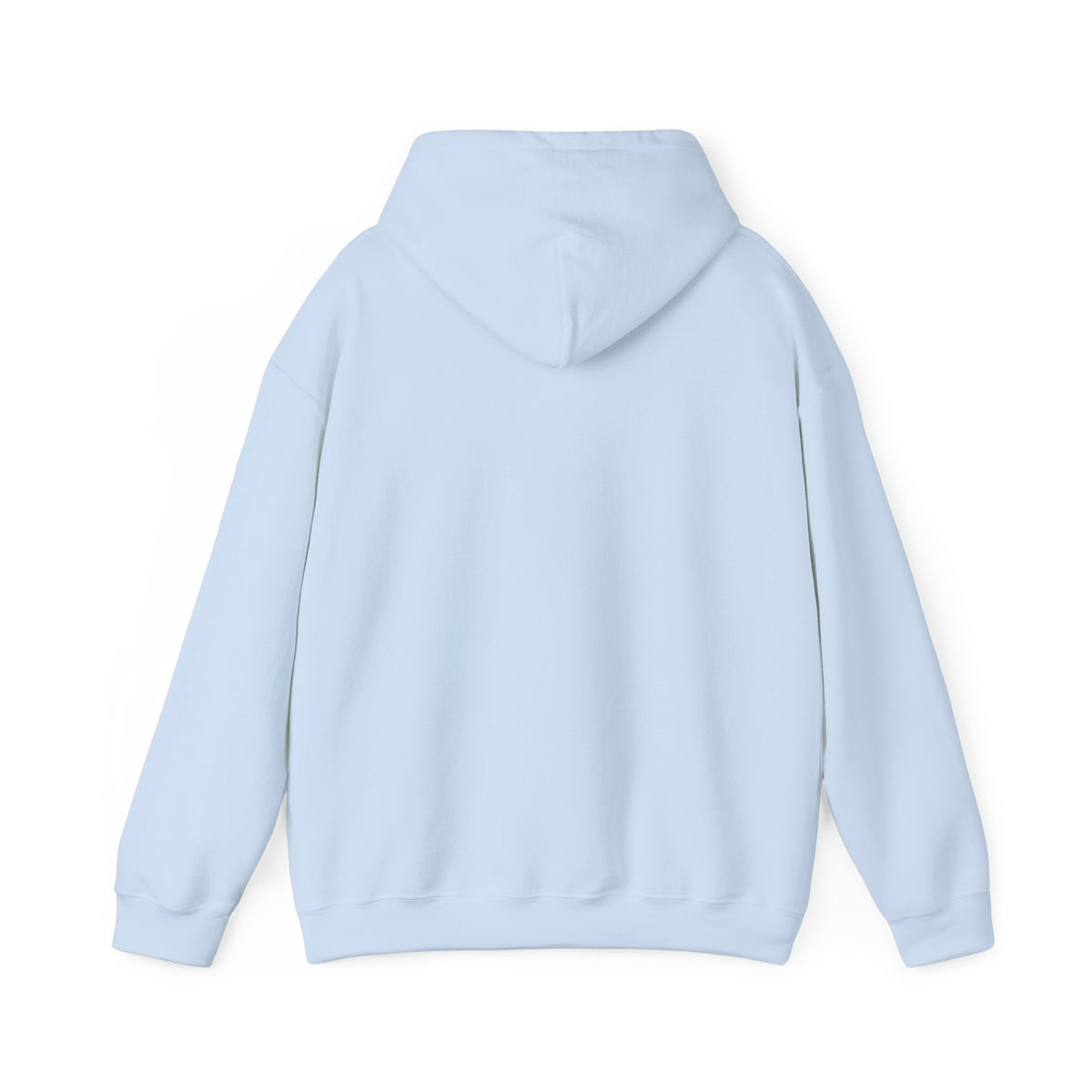 Light blue pullover hoodie with hood and front pocket, long sleeves.