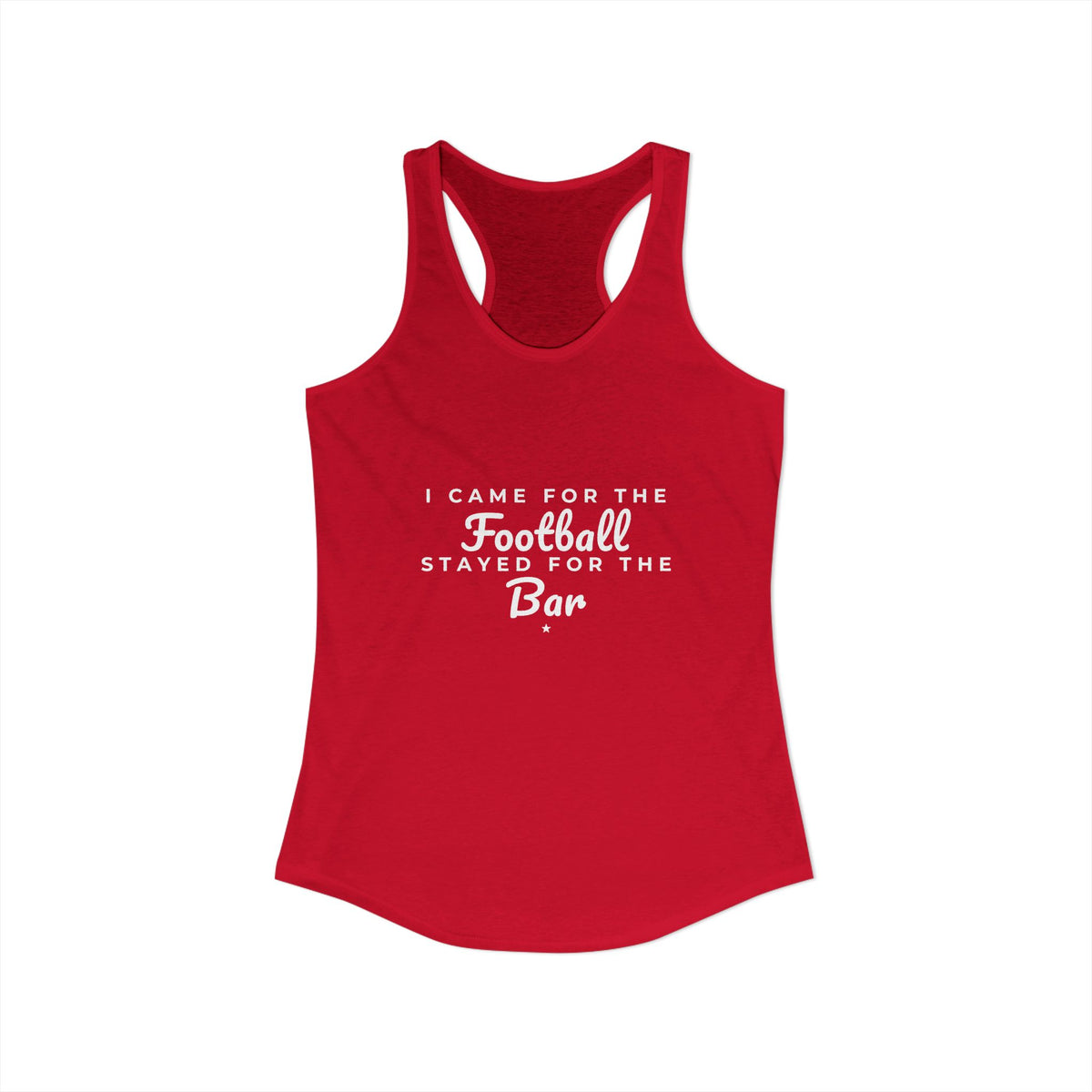 Red racerback tank with crew neckline and Football Bar text graphic