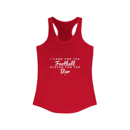 Red racerback tank with crew neckline and Football Bar text graphic