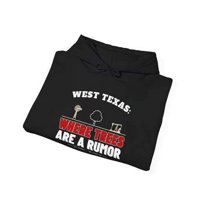 Black folded hoodie with rope-drawstring hood and "Where Trees Are a Rumor" print.