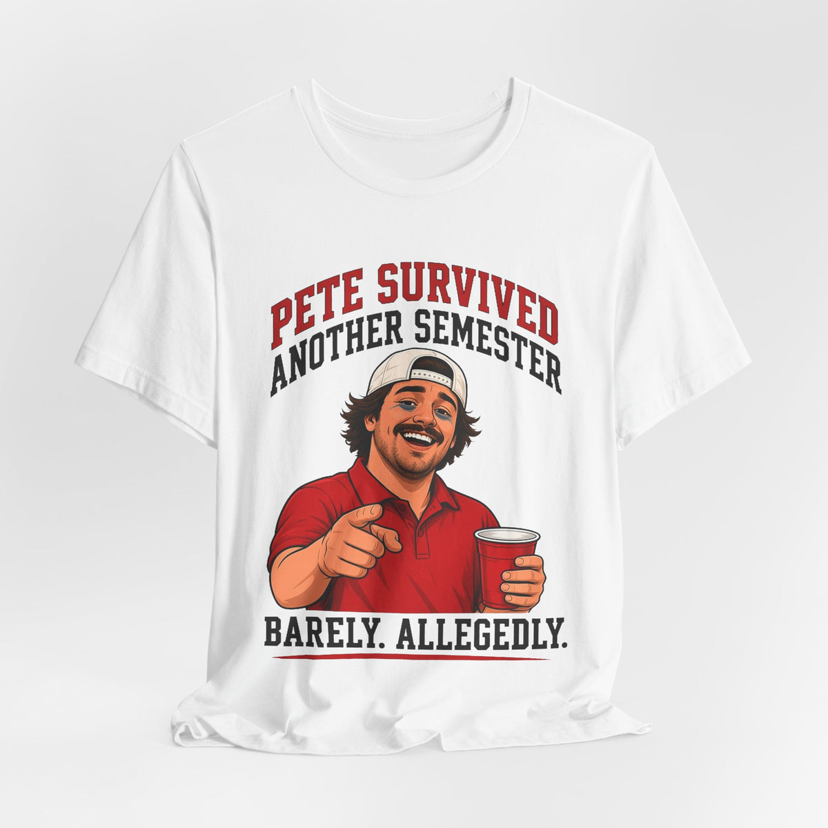 White crewneck graphic T-shirt with centered red character holding a drink, short sleeves.