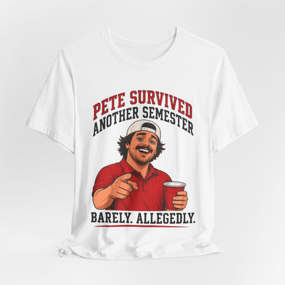 White crewneck graphic T-shirt with centered red character holding a drink, short sleeves.