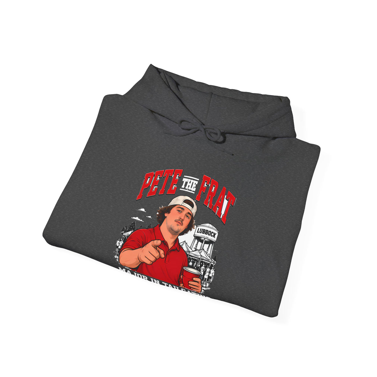 Dark gray hoodie folded with front logo graphic and adjustable drawstring hood
