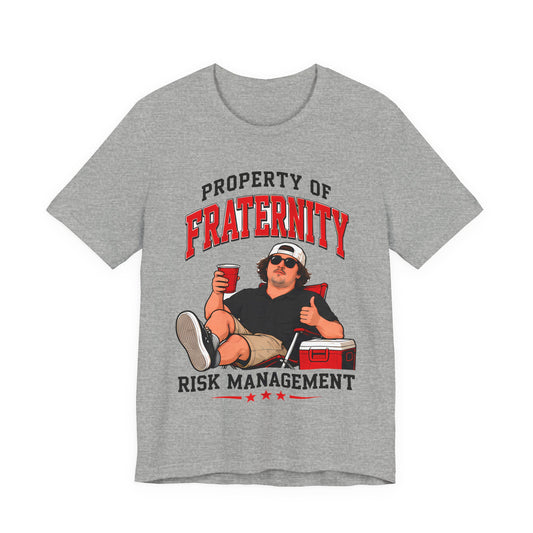 Heather gray crewneck T-shirt with 'Property of Fraternity' Risk Management front print