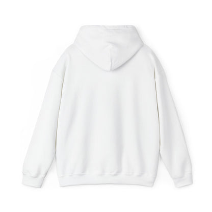 White pullover hoodie back view with hood and long sleeves, no visible front graphic