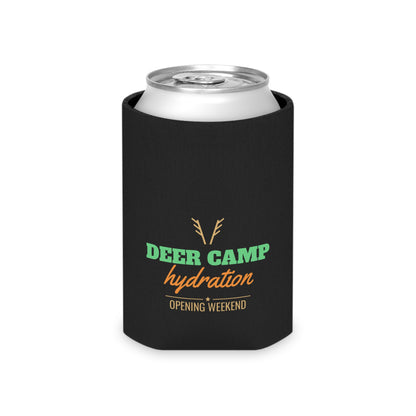 Black can koozie holding a silver soda can, deer-antler logo on front